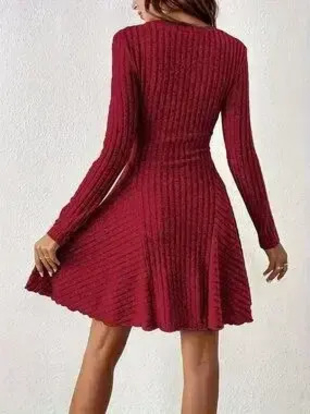 V-Neck Ribbed Knit Flared Knit Dress - Picture 9 of 9